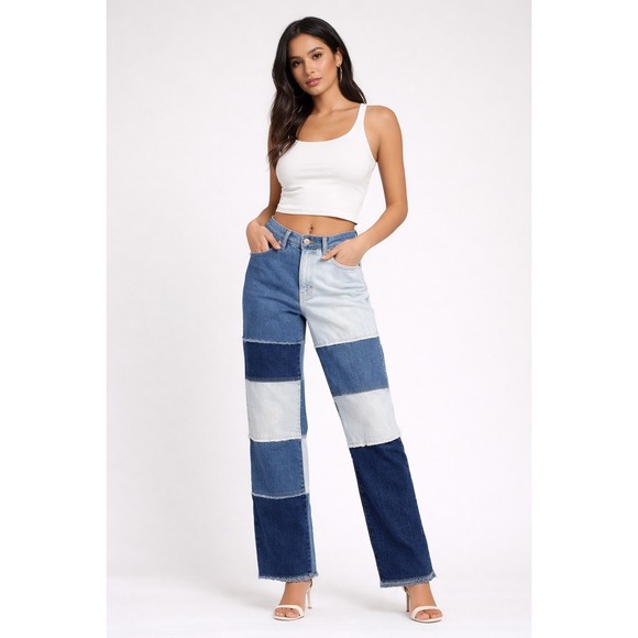 Hollister Denim - Hollister Ultra High-Rise Vintage Straight Patchwork Jeans Blue Multi Size 7R 28